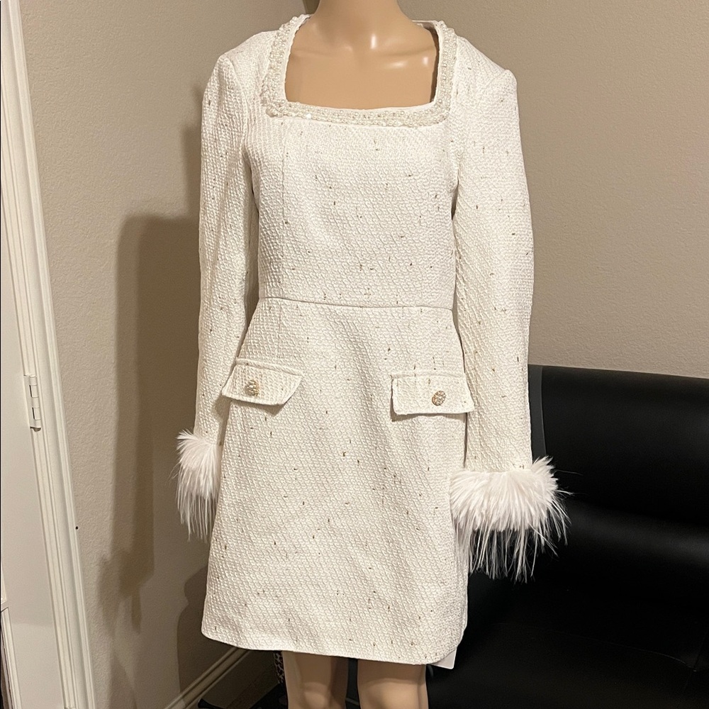 MOTF Ivory Tweed Dress with Feathered Cuffs